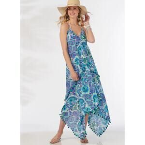 Charlie Paige Resort Dress Blue Purple White Paisley Fringe Sheer NEW One Size